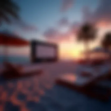 Enchanting Beach Cinema at Sunset Stunning view of a beach cinema setup at sunset in Dubai.