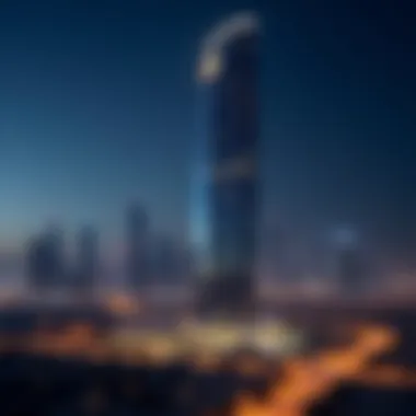 Night view of the Single Business Tower illuminated against the Dubai skyline