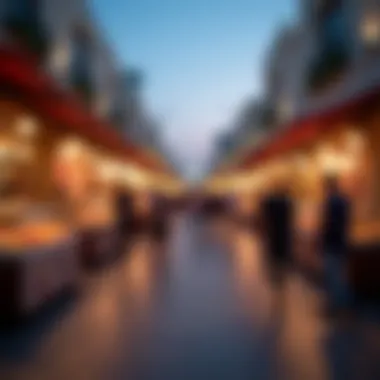 A panoramic view of a bustling market scene during the evening.