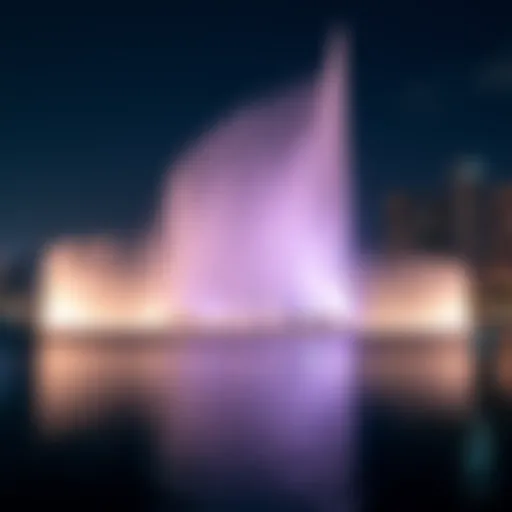 A stunning view of the Dubai Fountain illuminated at night