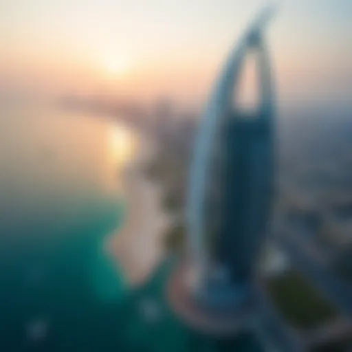 Aerial view of the Crescent Tower showcasing its unique crescent shape against the Dubai skyline.