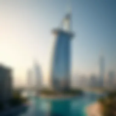 Landscape view of the Crescent Tower in relation to other iconic structures in Dubai.